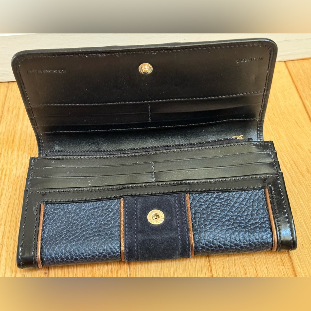 Burberry Prosum bronze Metallic Piping Navy Suade Leather Luxury Wallet VTG - Picture 11 of 16